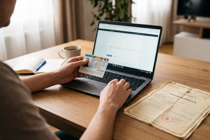 Titularul completează formularul online ținând în mână cartea de identitate, cu titlul de proprietate pe masă